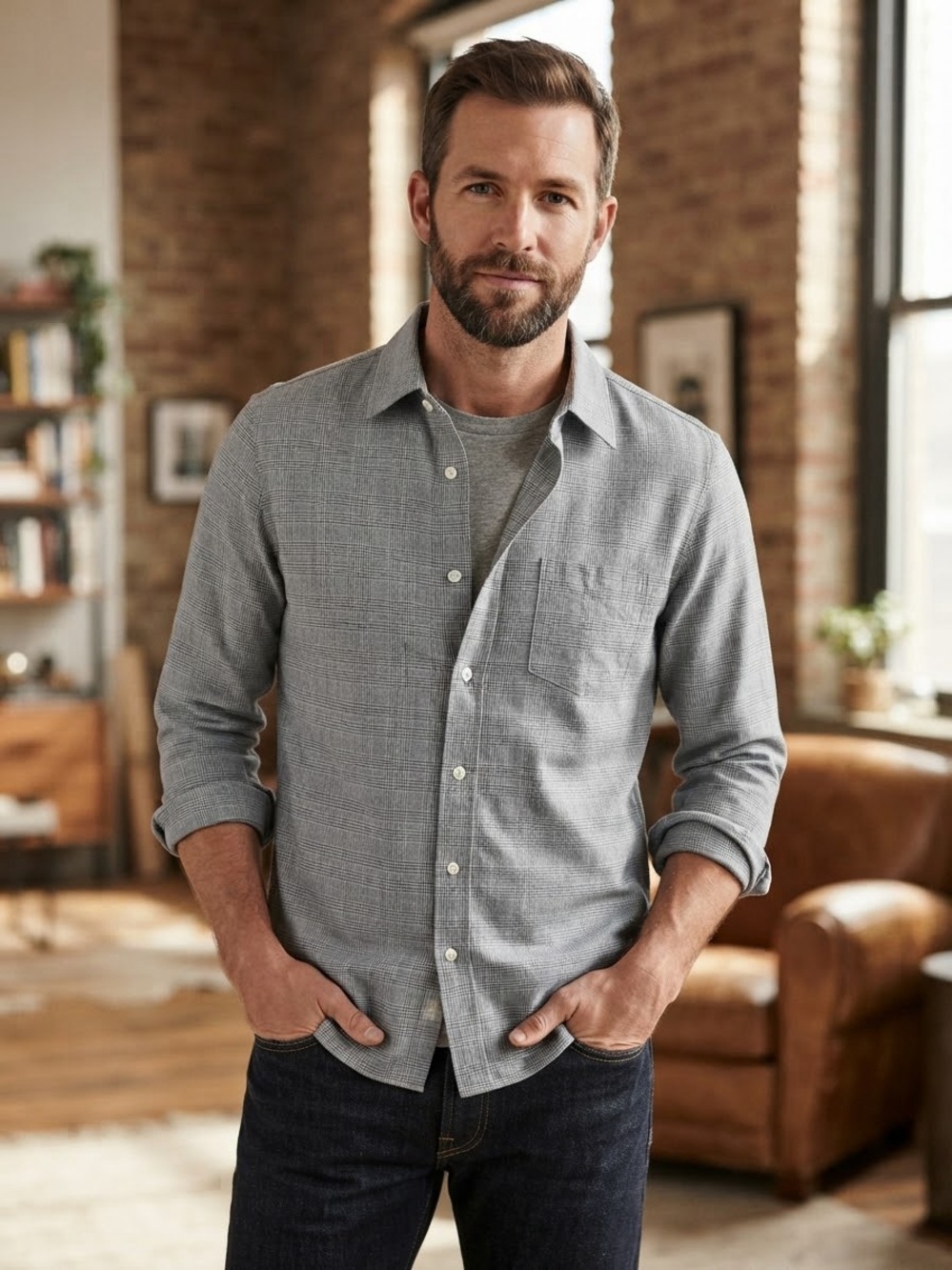 BUCK MASON Men's Blue Glen Plaid Button-Down Shirt (M8)
